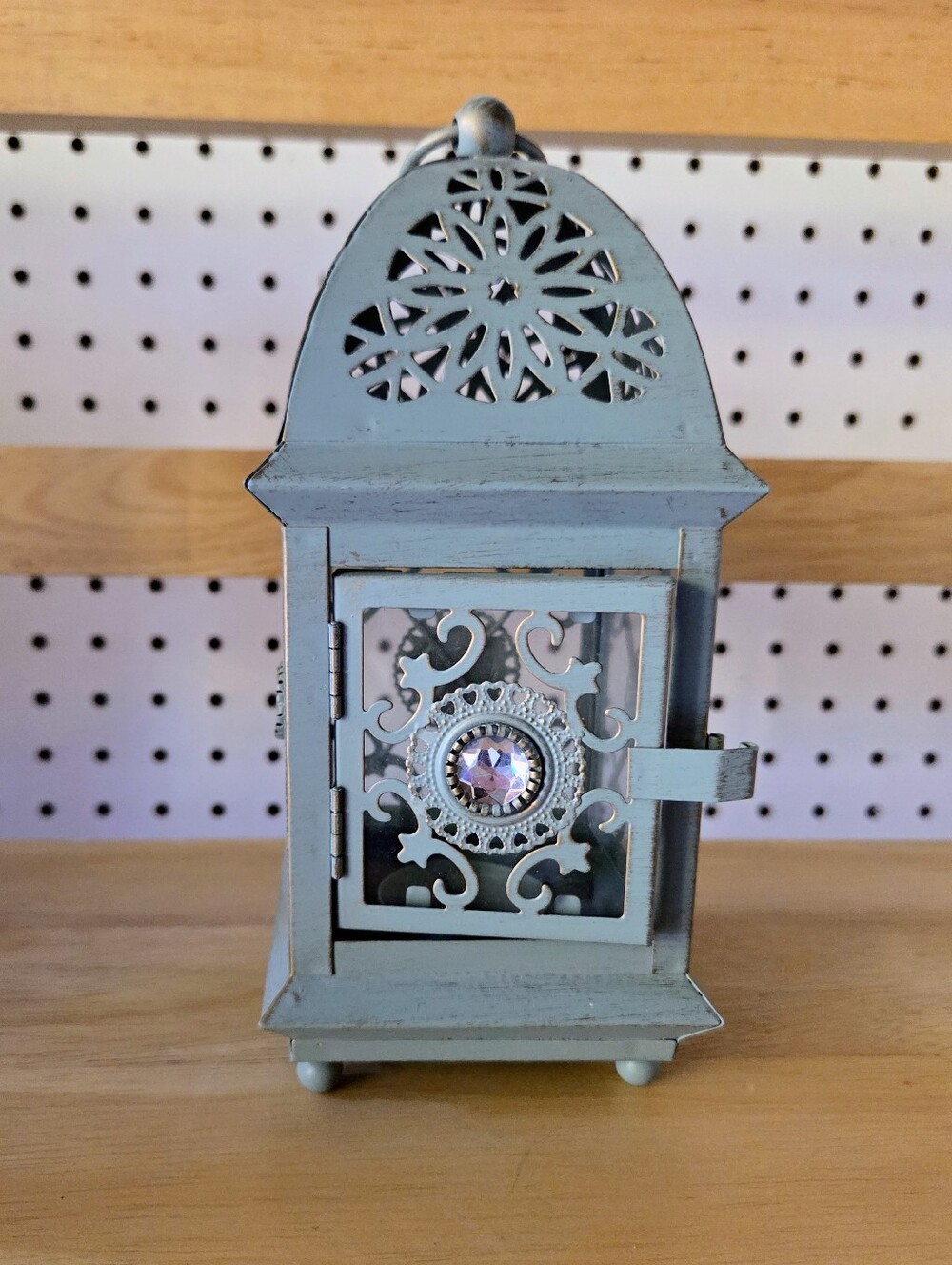 Decorative Blue Distressed Metal Lantern with Jewel Accents